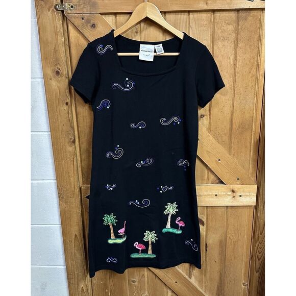 Michael Simon Vintage Embroidered Beaded Flamingo Dress Black Petite‎ Small PS - Picture 1 of 9